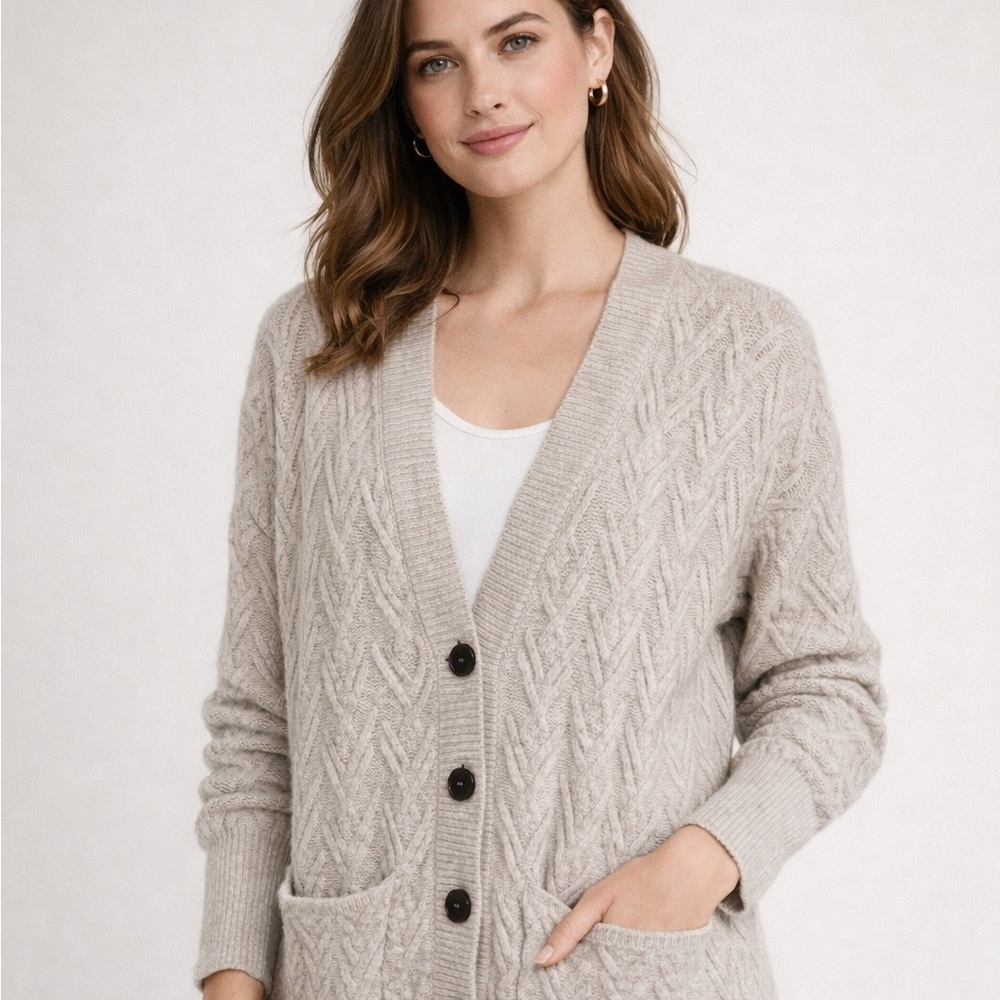 Olive + Oak Cable Knit Oatmeal Cardigan Sweater, Size M